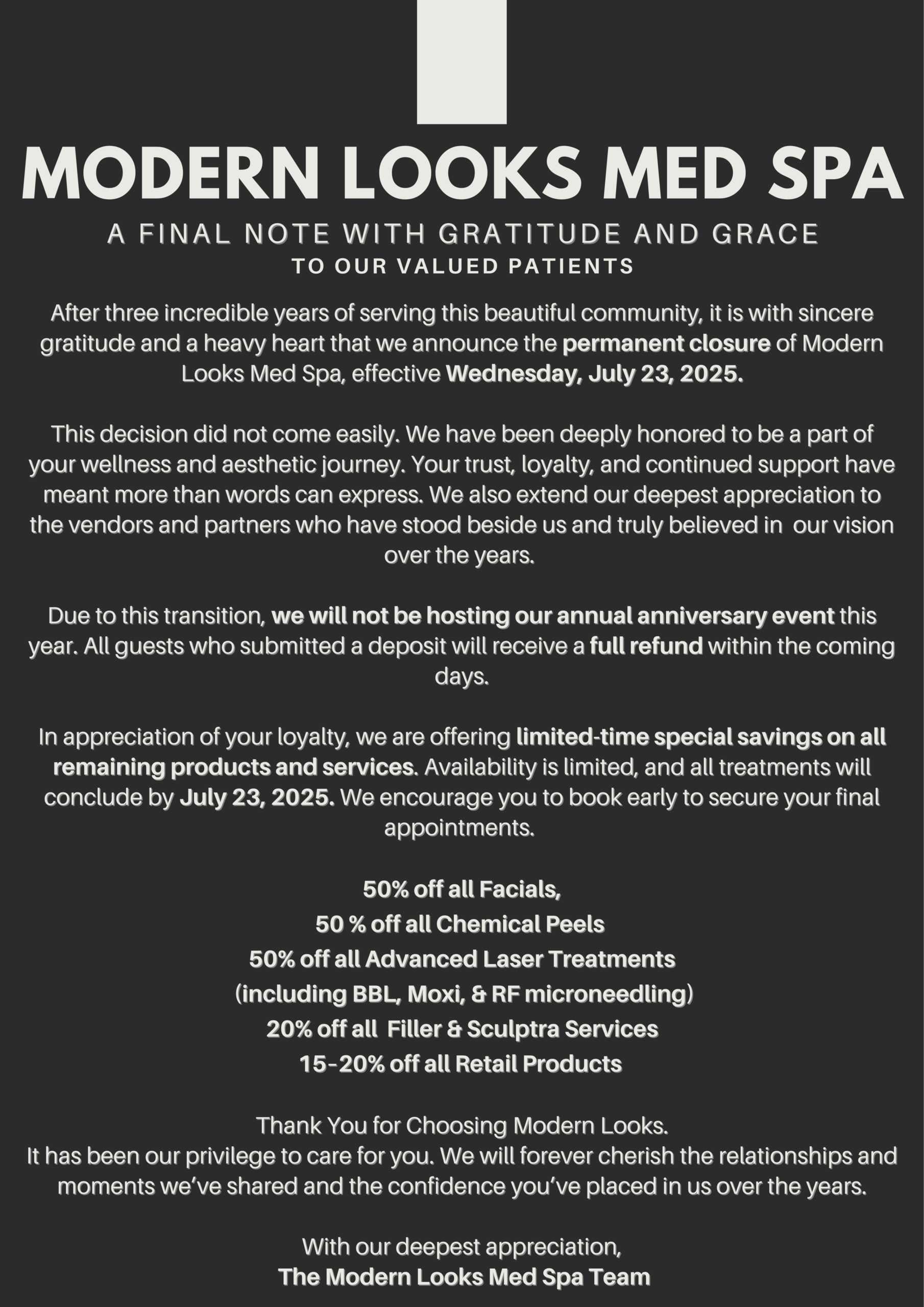 An announcement from Modern Looks Med Spa about its permanent closure on July 23, 2025.