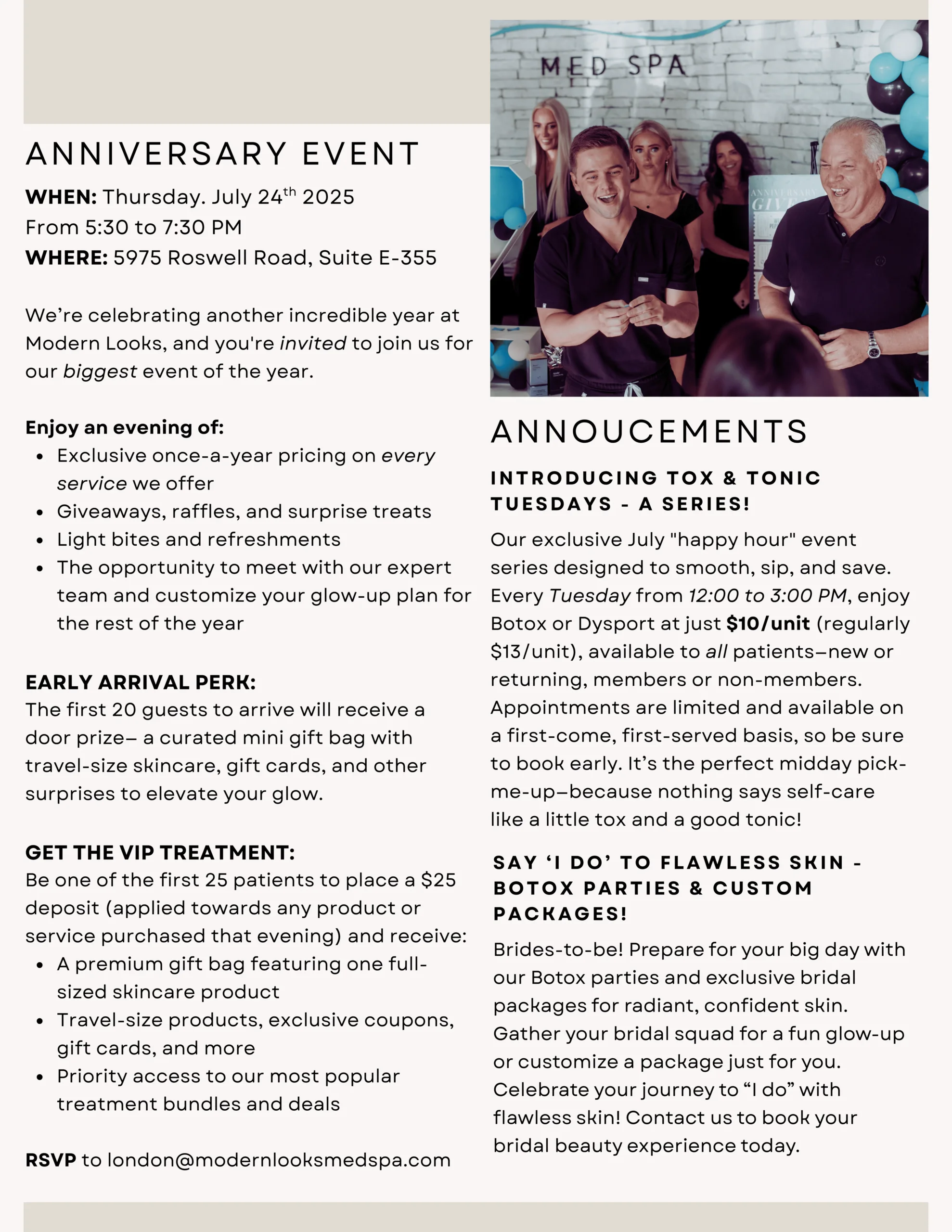 Advertisement for Modern Looks Med Spa's anniversary event and special offers.
